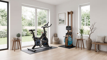 Un intérieur minimaliste et élégant présentant un vélo magnétique connecté à écosystème ouvert et un rameur à eau rangé à la verticale sur un tapis d'entraînement