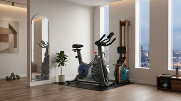 Un coin d'appartement moderne, esthétique et optimisé en espace, avec un vélo magnétique Wenoker JC302 et un rameur à eau rangé à la verticale sur un tapis de protection en PVC