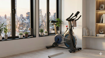 Un vélo d'appartement magnétique compact Wenoker JC302, soigneusement installé dans un coin d'un studio moderne et minimaliste, près d'une fenêtre