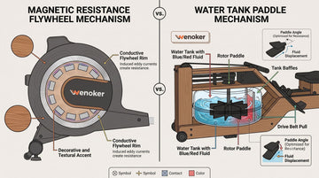 Un schéma comparatif illustrant le système interne de volant magnétique et le mécanisme du réservoir à eau d'un rameur à eau