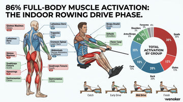 Un schéma musculaire complet mettant en évidence les 86 % des muscles du corps sollicités pendant la phase de traction d'un coup d'aviron d'intérieur