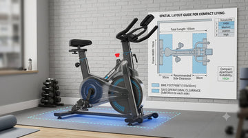 Un plan technique illustrant l'emprise au sol et les zones de dégagement latérales nécessaires pour un vélo d'appartement compact