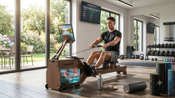 Un passionné de fitness utilisant le rameur à eau Wenoker RW211-50 pour perdre du gras avant l'été