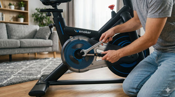 Une personne utilisant une clé plate pour bien serrer le filetage métallique d'une pédale de vélo d'appartement dans la manivelle en acier