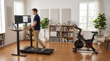 Un télétravailleur utilisant un bureau assis-debout, avec un vélo magnétique compact Wenoker rangé proprement sous le plateau