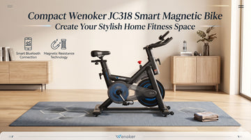 Une bannière promotionnelle mettant en avant une remise sur le vélo connecté magnétique compact Wenoker JC318, posé sur un tapis de sol élégant