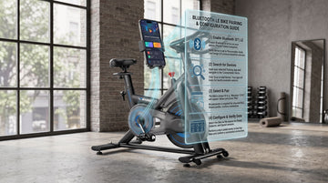 Une infographie technique étape par étape montrant comment détecter, appairer et configurer un vélo d'intérieur connecté avec une application d'entraînement virtuel via les réglages Bluetooth LE