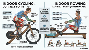 Une image technique détaillant les points d'alignement corrects, l'angle de flexion des genoux et la posture du dos droit pour le cyclisme d'intérieur et l'aviron