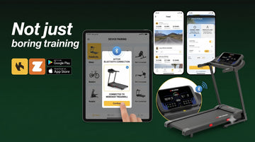 Un utilisateur naviguant sur l'écran d'appairage d'une application d'entraînement virtuel sur iPad, avec une icône de connexion Bluetooth active