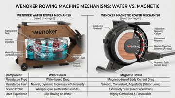 Un tableau comparatif direct illustrant les différences mécaniques, le poids du cadre et le niveau sonore des rameurs à eau, magnétiques et hybrides de Wenoker