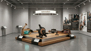 Trois rameurs Wenoker côte à côte – le modèle à eau RW211-50, le modèle magnétique RW-H310 et le modèle hybride à double résistance RW211-51 – illustrant leur design compact et moderne, idéal pour le fitness à domicile