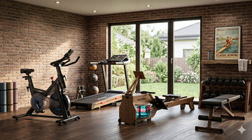 Un système complet de salle de sport à domicile comprenant un vélo d'appartement Wenoker et divers accessoires de fitness.