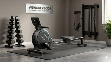Rameur magnétique Wenoker H300 dans un système compact de salle de sport à domicile.
